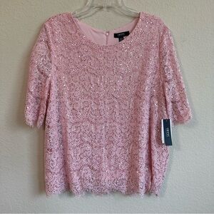 IMNYC Isaac Mizrahi Top Pink Lace Sequins Scalloped Fringe Trim Zipper Back NWT